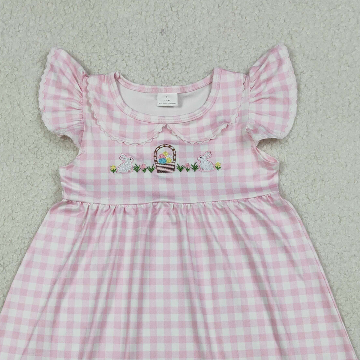 RTS NO MOQ GSD2913 Baby Girls Pink Checked Knee-Length Dress Embroidered Rabbits And Eggs Easter Casual Wear