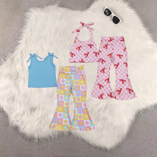 RTS Sibling baby girl clothes floral plaid Short Sleeve pants sets