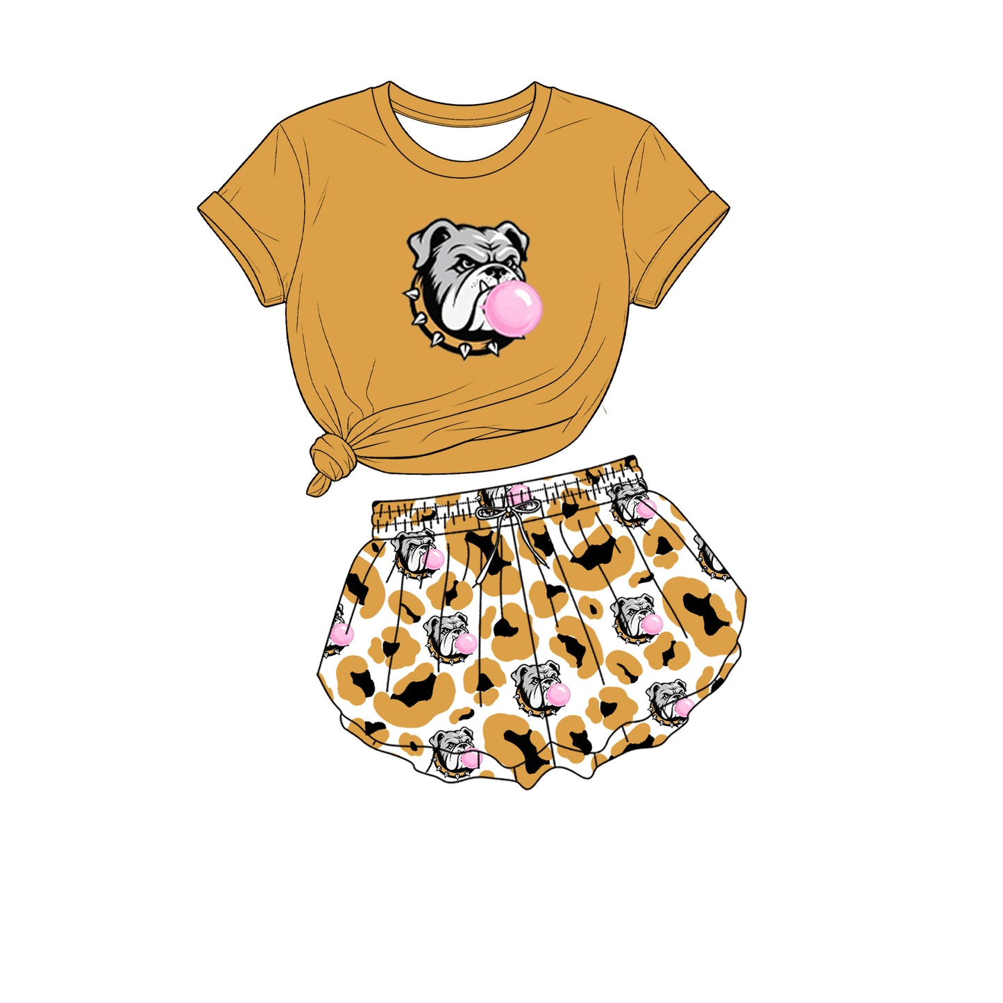 custom moq 5 mix size XY071708 Baby Girls Solid Color Short Sleeve Crew Neck Top Leopard Print Shorts Team Outfit Set