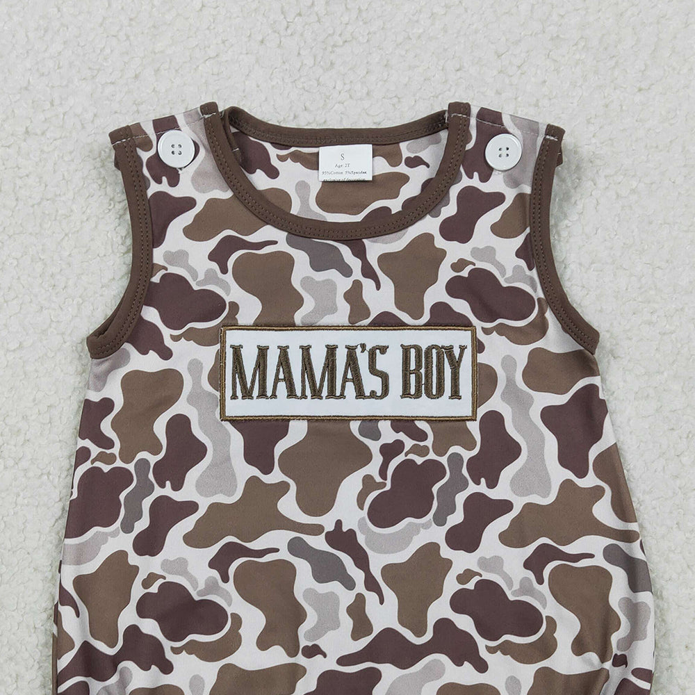RTS NO MOQ SR3889 Southern Brown Camo Sleeveless Rompers for Baby Boys Embroidery 'Mama's Boy'