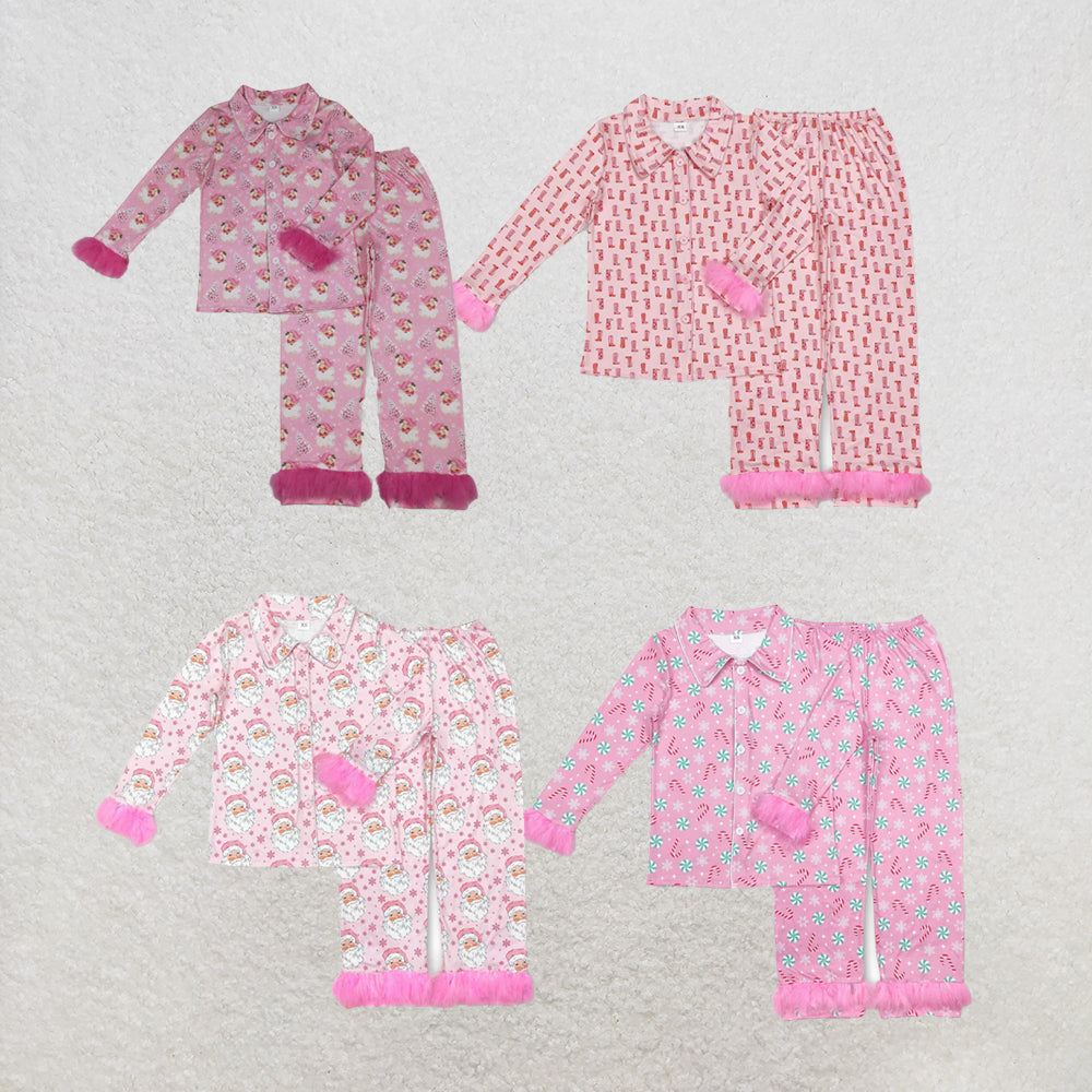 RTS NO MOQ Sibling Adult Women Pink Santa Trees Button Top Pants Christmas Fur Pajamas Set