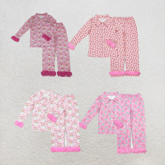 RTS NO MOQ Sibling Adult Women Pink Santa Trees Button Top Pants Christmas Fur Pajamas Set
