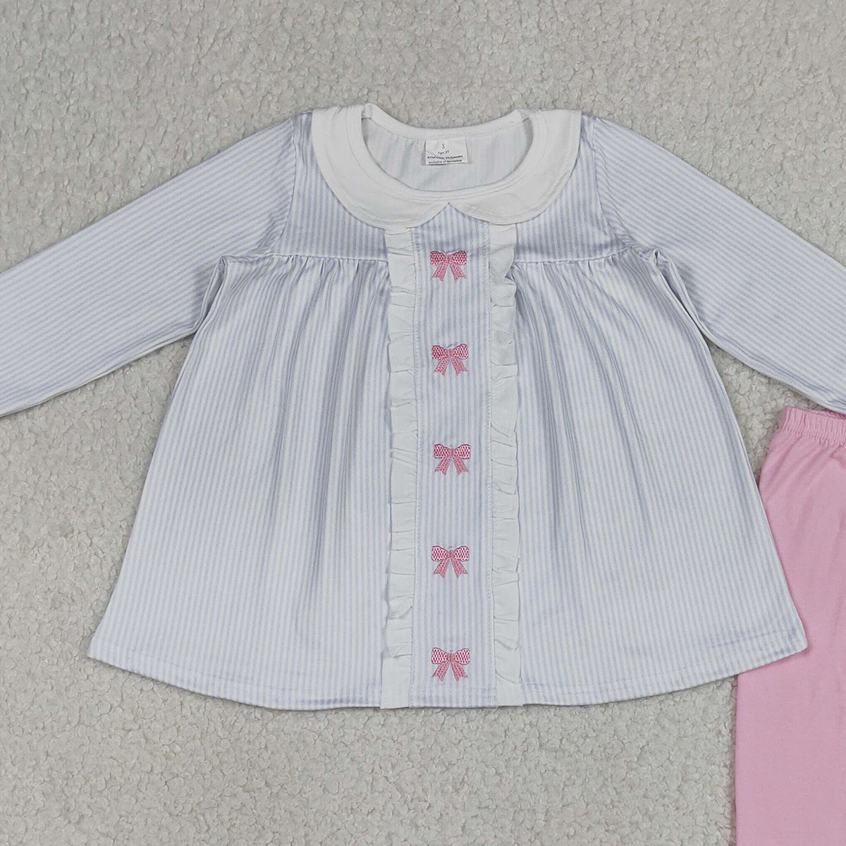 RTS NO MOQ GLP2909 Baby Girls Embroidery Bows Stripe Collar Tunic Leggings Outfit Set Cute Clothing for Infants