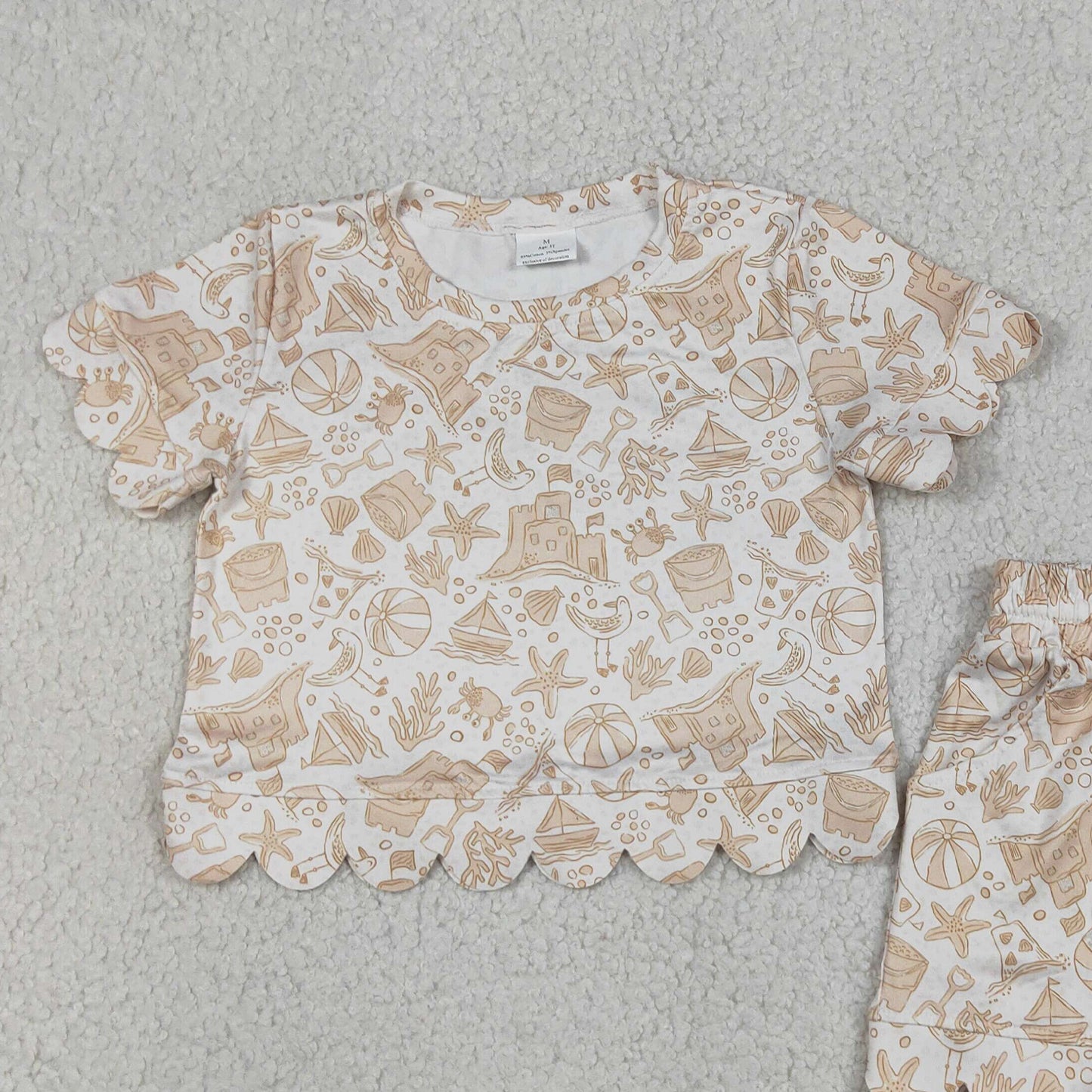 RTS NO MOQ milk silk GSSO3728 Baby Girls Cute Ocean Starfish Printed Top And Scallop Shorts Casual Clothes Set