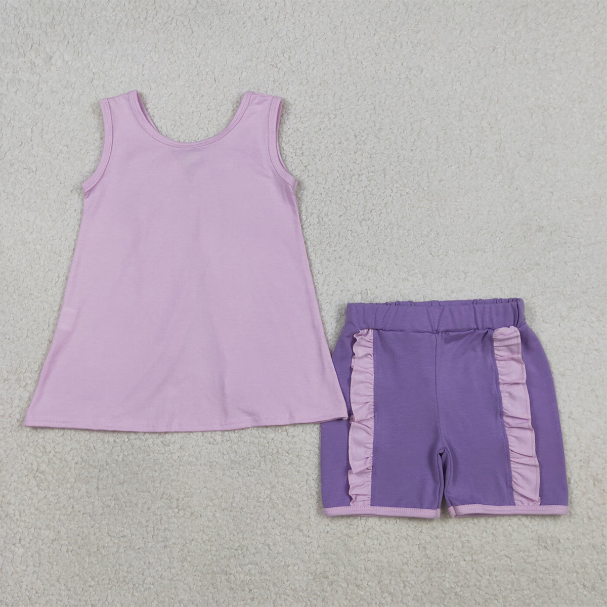 RTS NO MOQ GSSO3461 Baby Girls Lavender Sleeveless Tunic with Back Bows Ruffle Shorts Outfit Set Cute Baby Girl Clothing Set