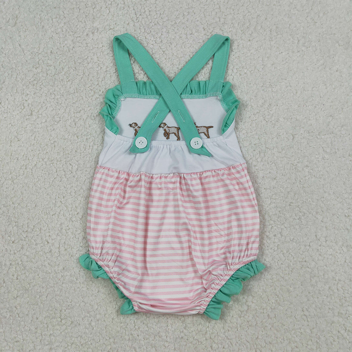 RTS NO MOQ SR3558 Baby Girls Pink Stripe Hunting Rompers with Embroidery Dogs Strap Cute Baby Rompers