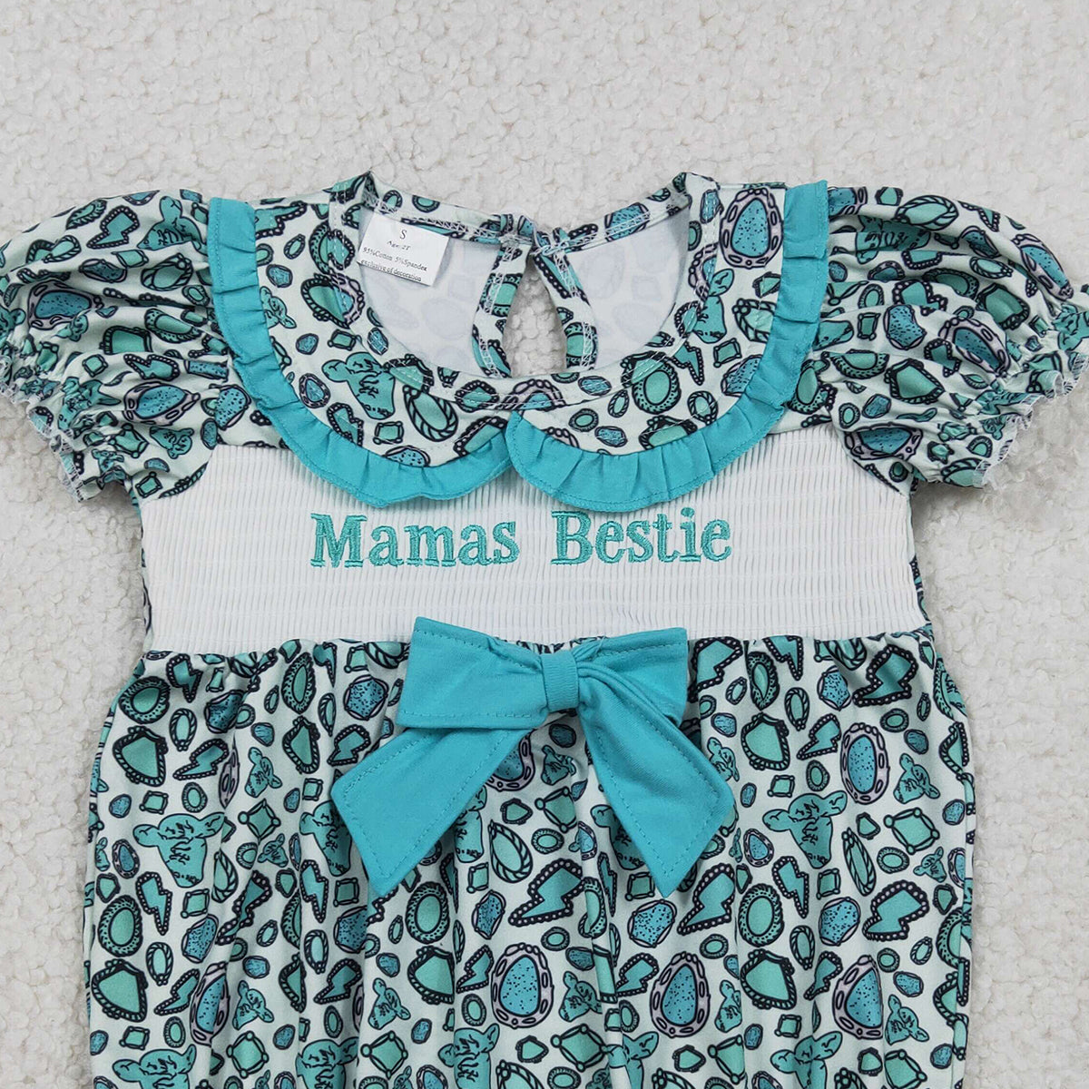 RTS NO MOQ SR3863 Smocked Mama's Bestie Baby Girls Collar Western Ruffle Rompers Cute Baby Outfit Summer Clothes for Infants