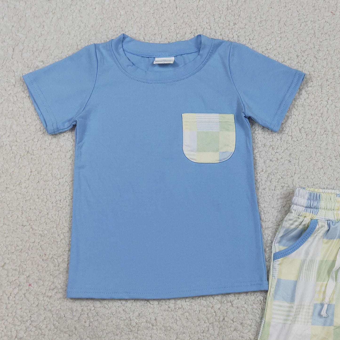RTS NO MOQ milk silk BSSO1950 Baby Boys Casual Light Blue Checked Short Sleeve Shirt With Pockets Shorts Outfit
