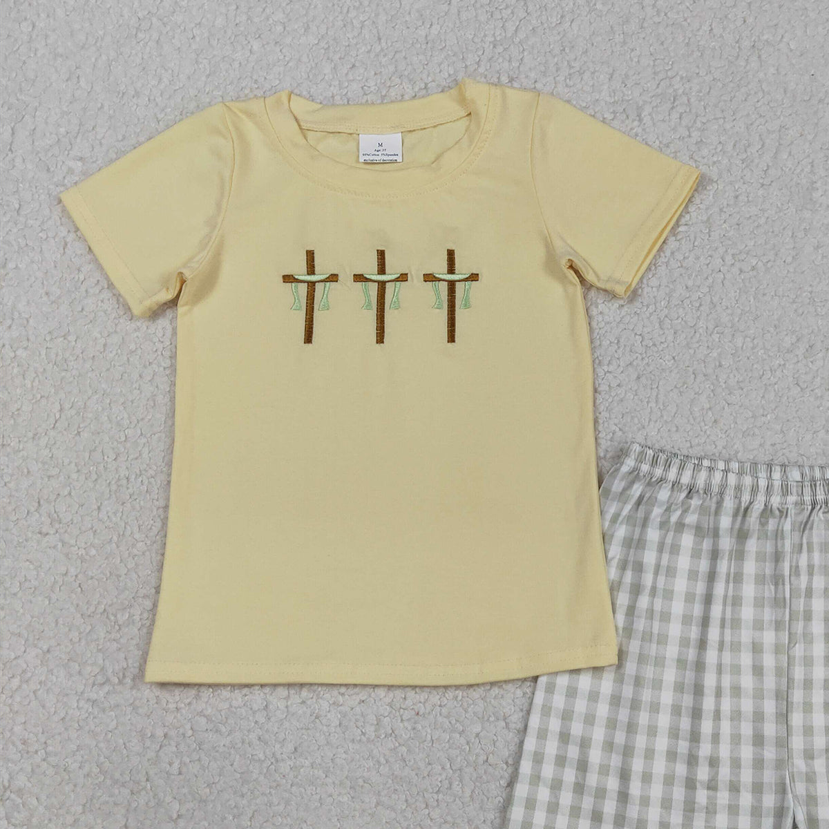 RTS NO MOQ BSSO1717 Embroidery Baby Boys Easter Outfit Crosses Top with Checked Shorts Cute Clothing
