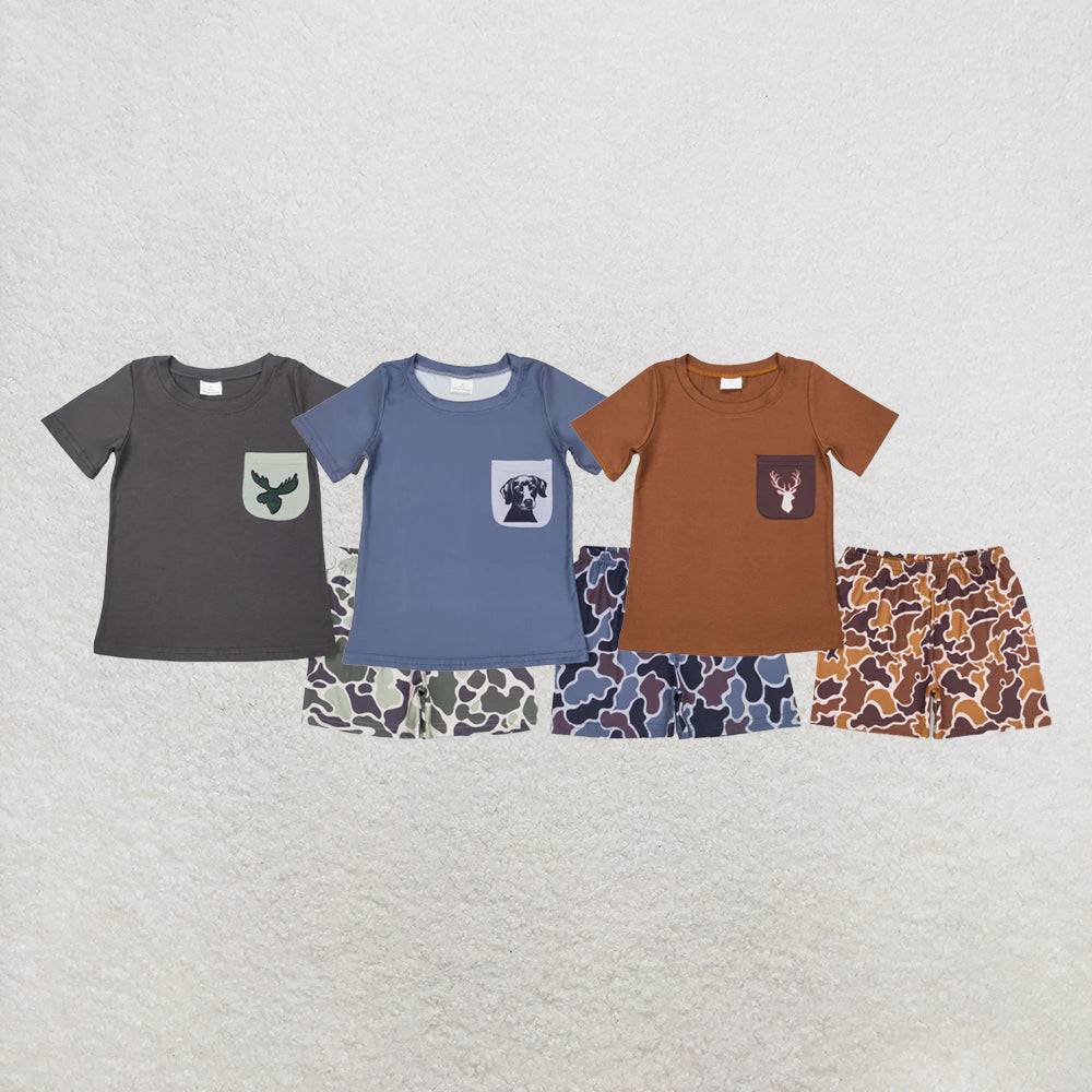 RTS NO MOQ Sibling Baby Boys Camo Deer Pocket Shirt Shorts Clothes Sets