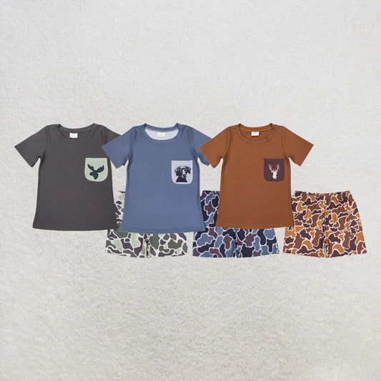 RTS NO MOQ Sibling Baby Boys Camo Deer Pocket Shirt Shorts Clothes Sets