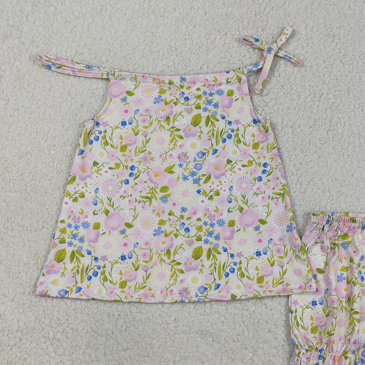 RTS NO MOQ GSSO2778 Baby Girls Pink Strap Floral Tunic Ruffle Shorts Outfit Set Cute Baby Girl Clothing Set