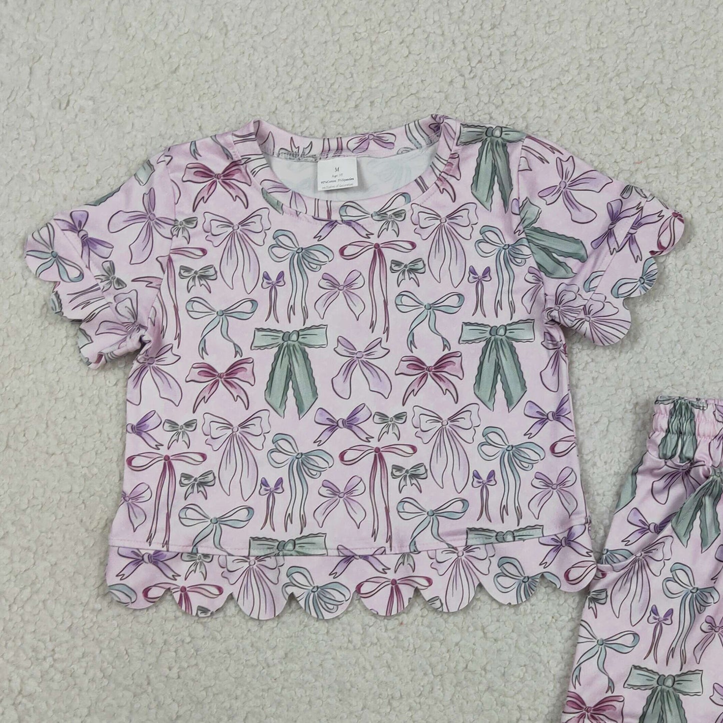RTS NO MOQ milk silk GSSO3409 Baby Girls Pink Green Bow Short Sleeve Scallop Pocket Shorts Set