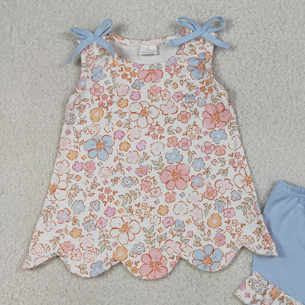 RTS NO MOQ GSSO3393 Baby Girls Sleeveless Colorful Flowers Scallop Tunic Ruffle Shorts Outfit Set
