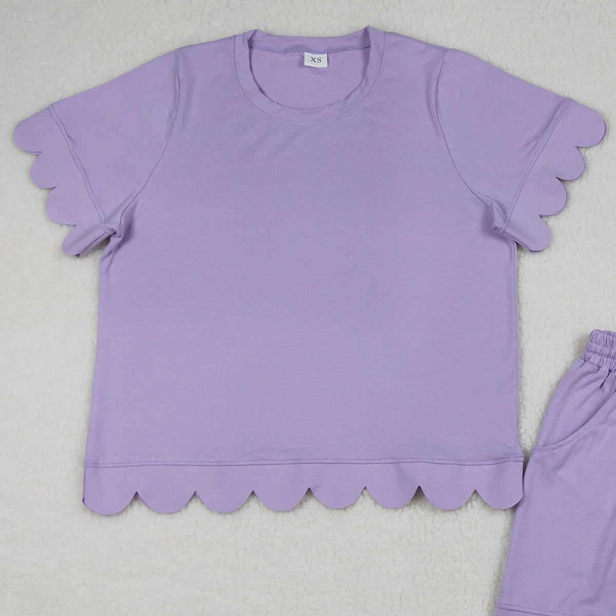 RTS NO MOQ GSSO3199 Adult Women's Lavender Short Sleeve Shirt with Pockets Short Scallop  Clothing Set