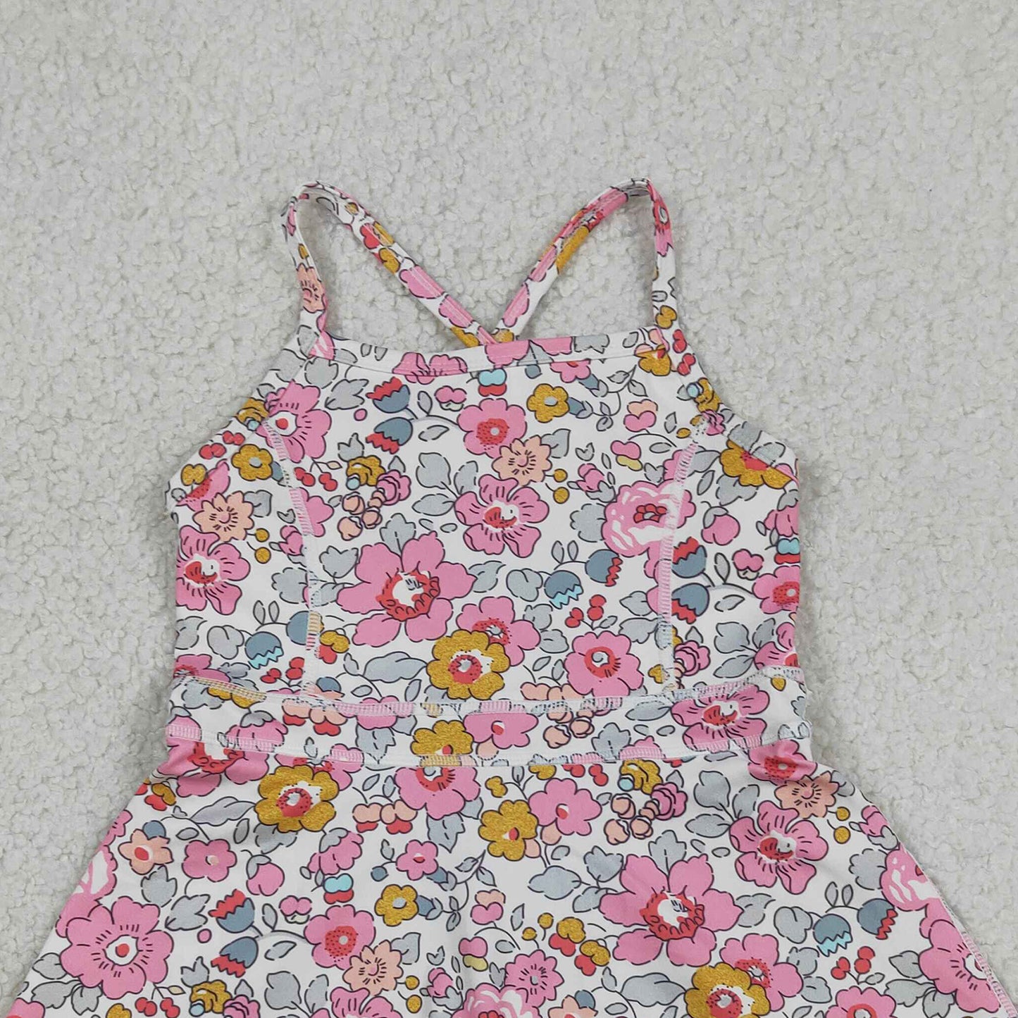 RTS NO MOQ yoga fabric GSD2278 Baby Girls Pink Strap Colorful Floral  Active Ruffle Knee Length Dresses