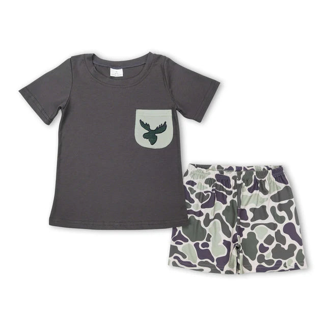 RTS NO MOQ Sibling Baby Boys Camo Deer Pocket Shirt Shorts Clothes Sets