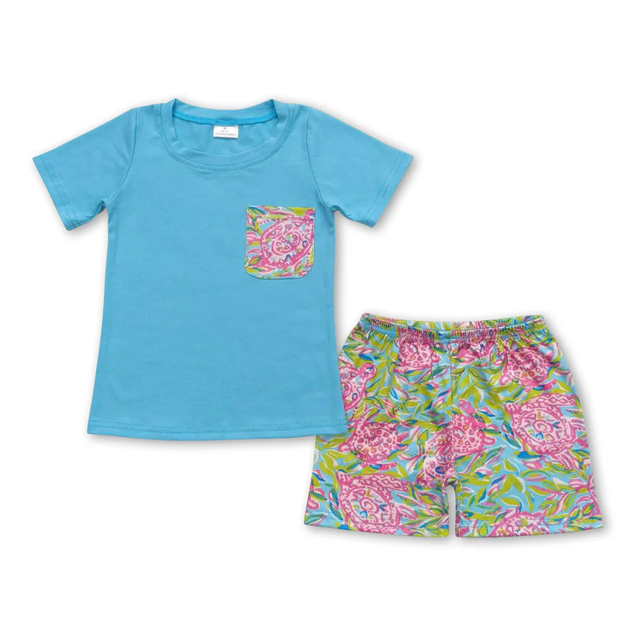 RTS NO MOQ Sibling Baby Boys Blue Short Sleeve Tee Shirts Tops Turtle Shorts Clothes Sets