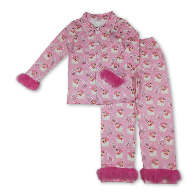 RTS NO MOQ Sibling Adult Women Pink Santa Trees Button Top Pants Christmas Fur Pajamas Set