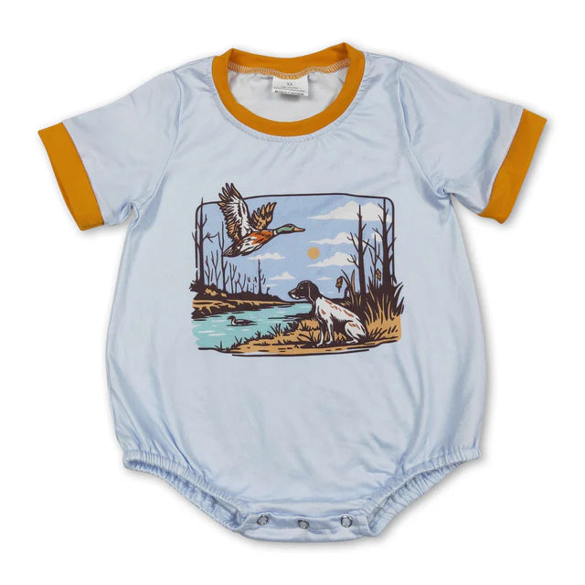 RTS NO MOQ Sibling Baby Boys Blue Short Sleeves Duck Dog Rompers