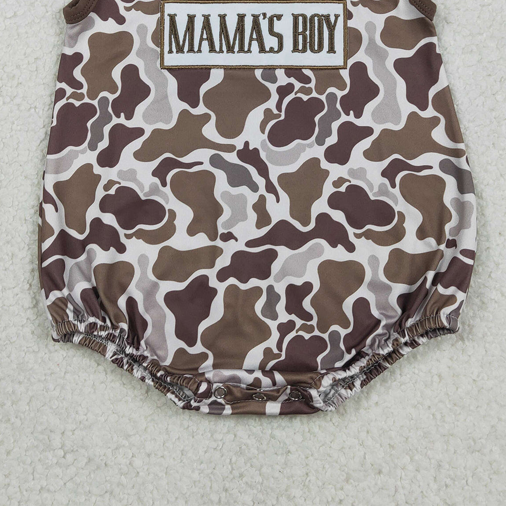 RTS NO MOQ SR3889 Southern Brown Camo Sleeveless Rompers for Baby Boys Embroidery 'Mama's Boy'