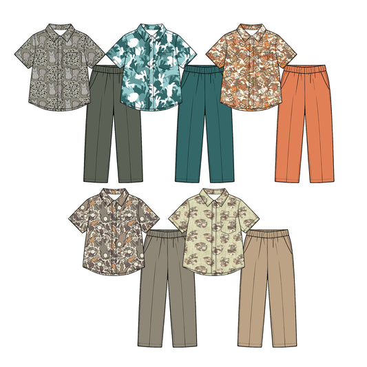(Preorder new) No moq Baby Boys Easter Outfits Bunny Camo Print Casual Short Sleeve Button Down Shirt Solid Olive Elastic Waist Pant Outfit Set