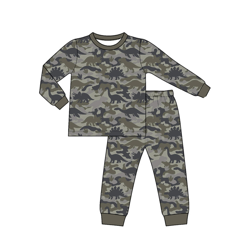 (Preorder new) No moq Baby Kids Camo Dinosaur Print Clothing Set Toddler Long Sleeve Top Hoodie And Zipper Romper Outfit