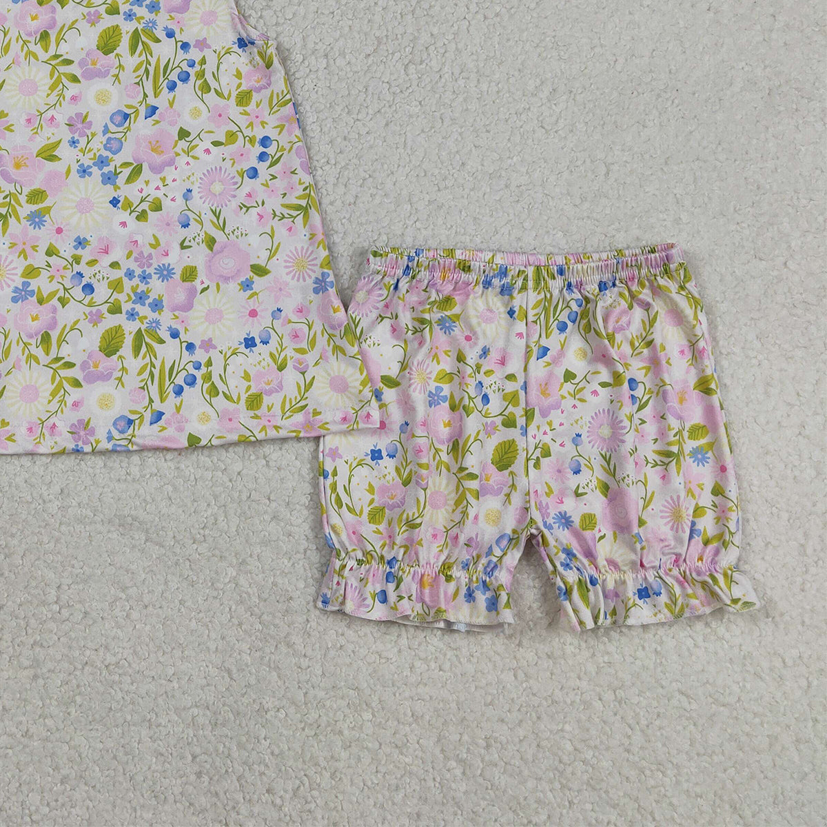 RTS NO MOQ GSSO2778 Baby Girls Pink Strap Floral Tunic Ruffle Shorts Outfit Set Cute Baby Girl Clothing Set