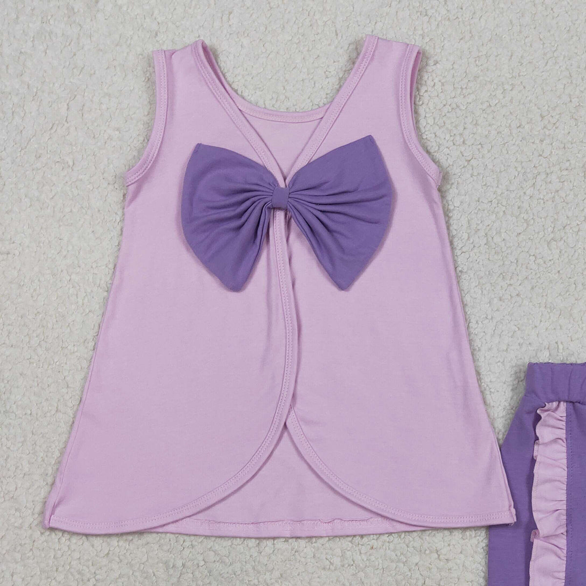 RTS NO MOQ GSSO3461 Baby Girls Lavender Sleeveless Tunic with Back Bows Ruffle Shorts Outfit Set Cute Baby Girl Clothing Set
