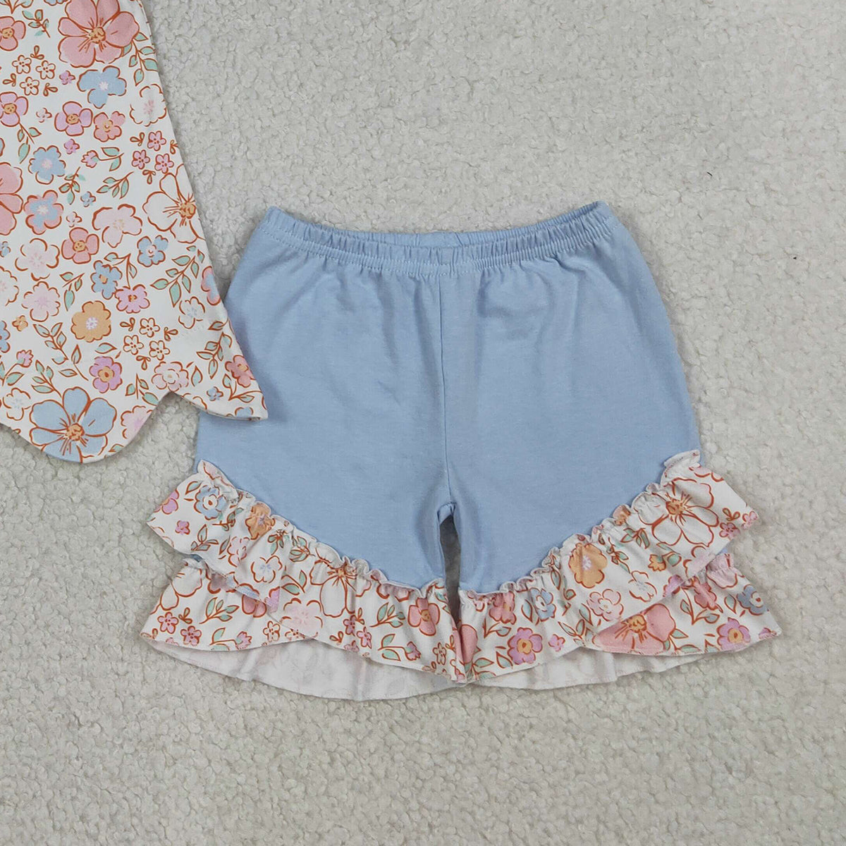 RTS NO MOQ GSSO3393 Baby Girls Sleeveless Colorful Flowers Scallop Tunic Ruffle Shorts Outfit Set