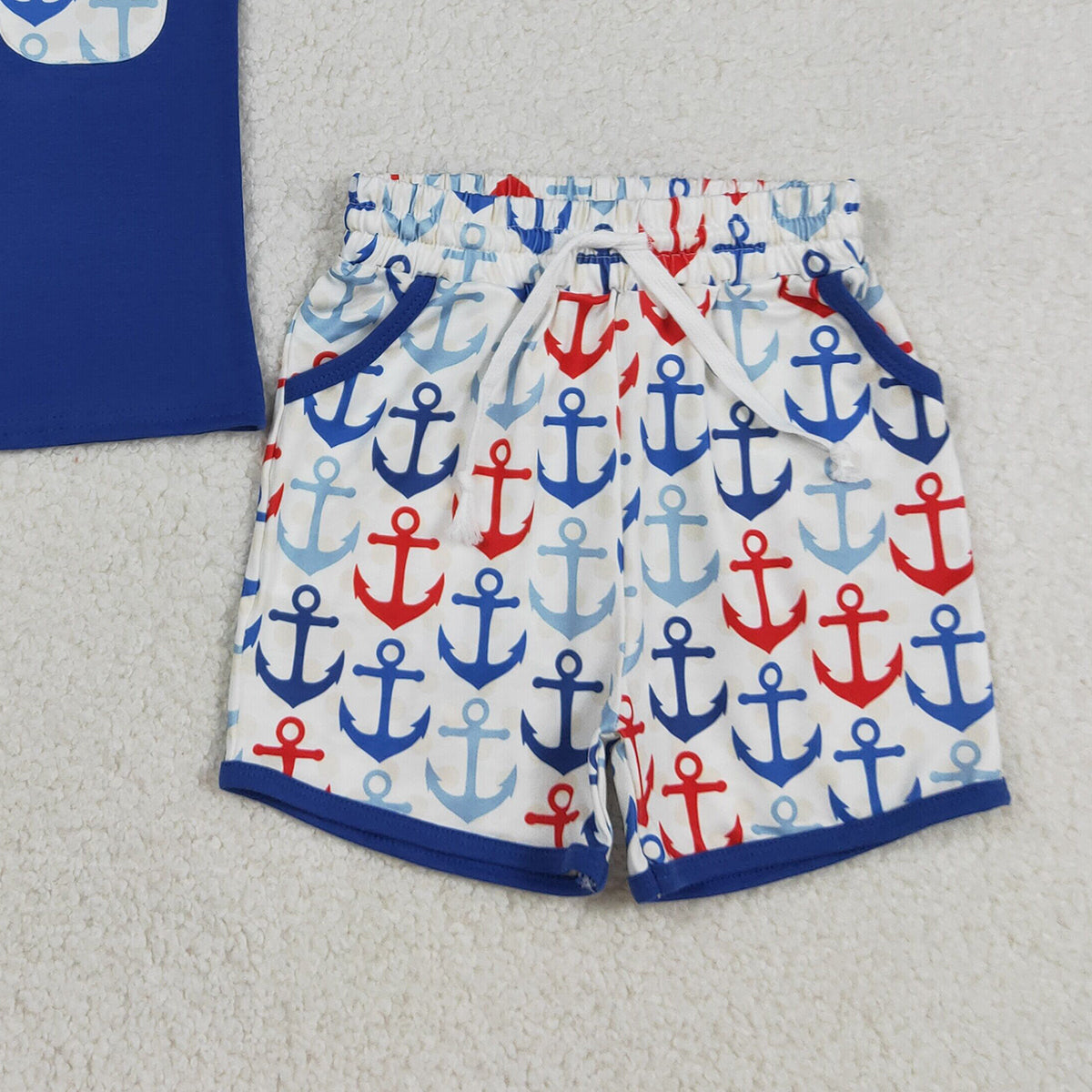 RTS NO MOQ BSSO1874 Baby Boys Hot Blue Short Sleeve Shirt Top with Boats Fishing Pocket Shorts Clothing Set