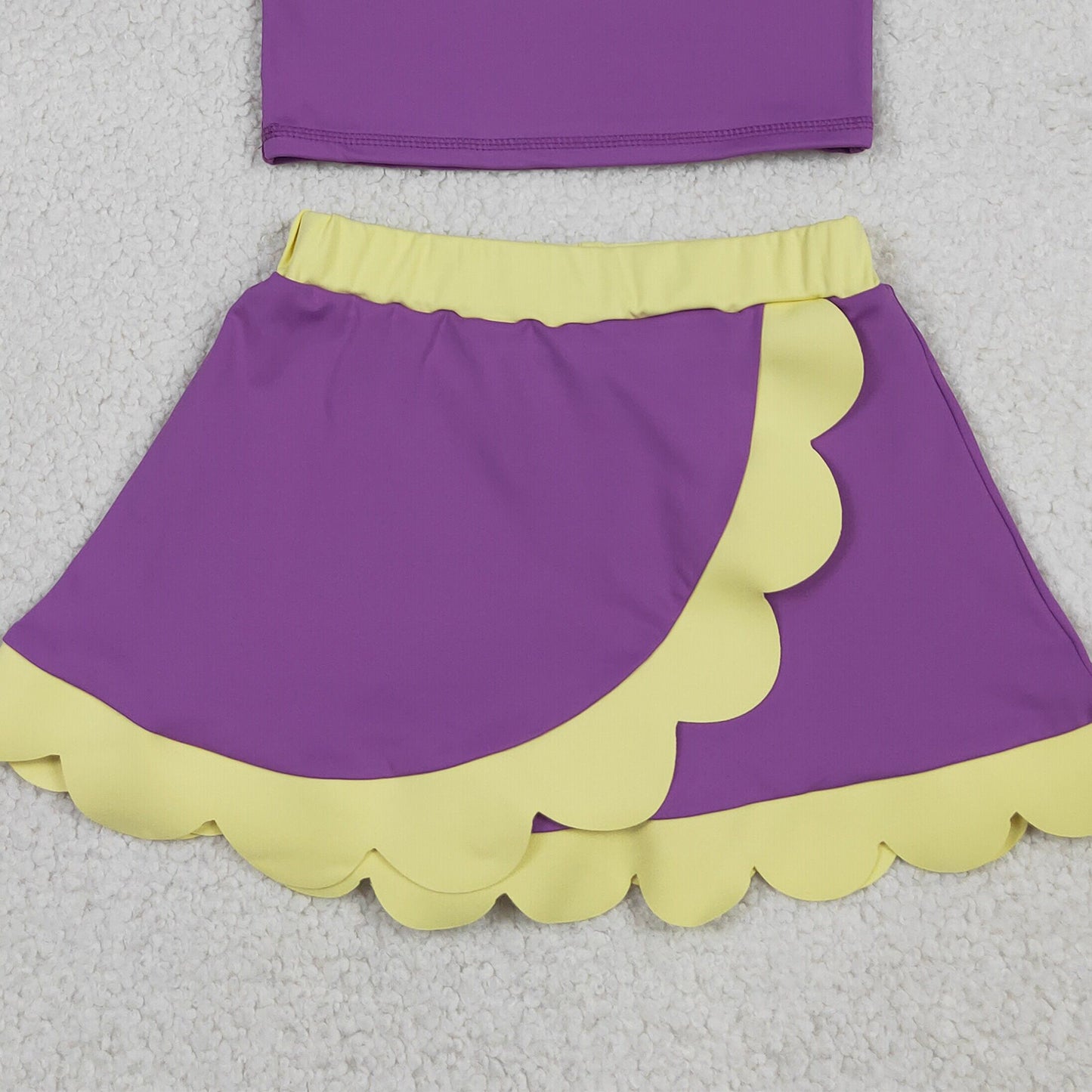 RTS NO MOQ yoga fabric cotton GSD4015 Baby Girls Purple Yellow Vest Scallop Skirt Yoga Set