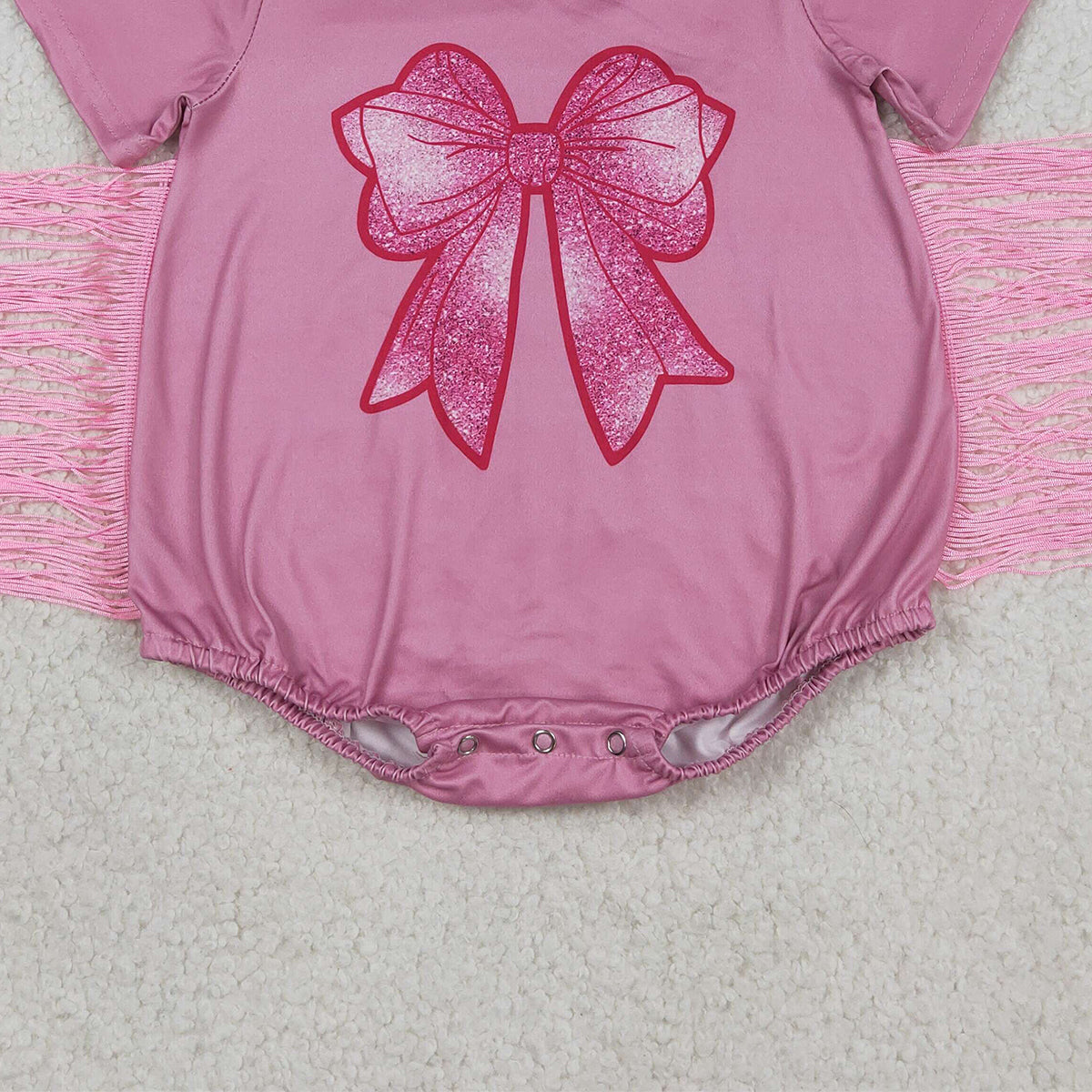 RTS NO MOQ SR3187 Baby Girls Pink Rompers Short Sleeves Bow Print Tassel Ruffle Cute Baby Girl Outfit