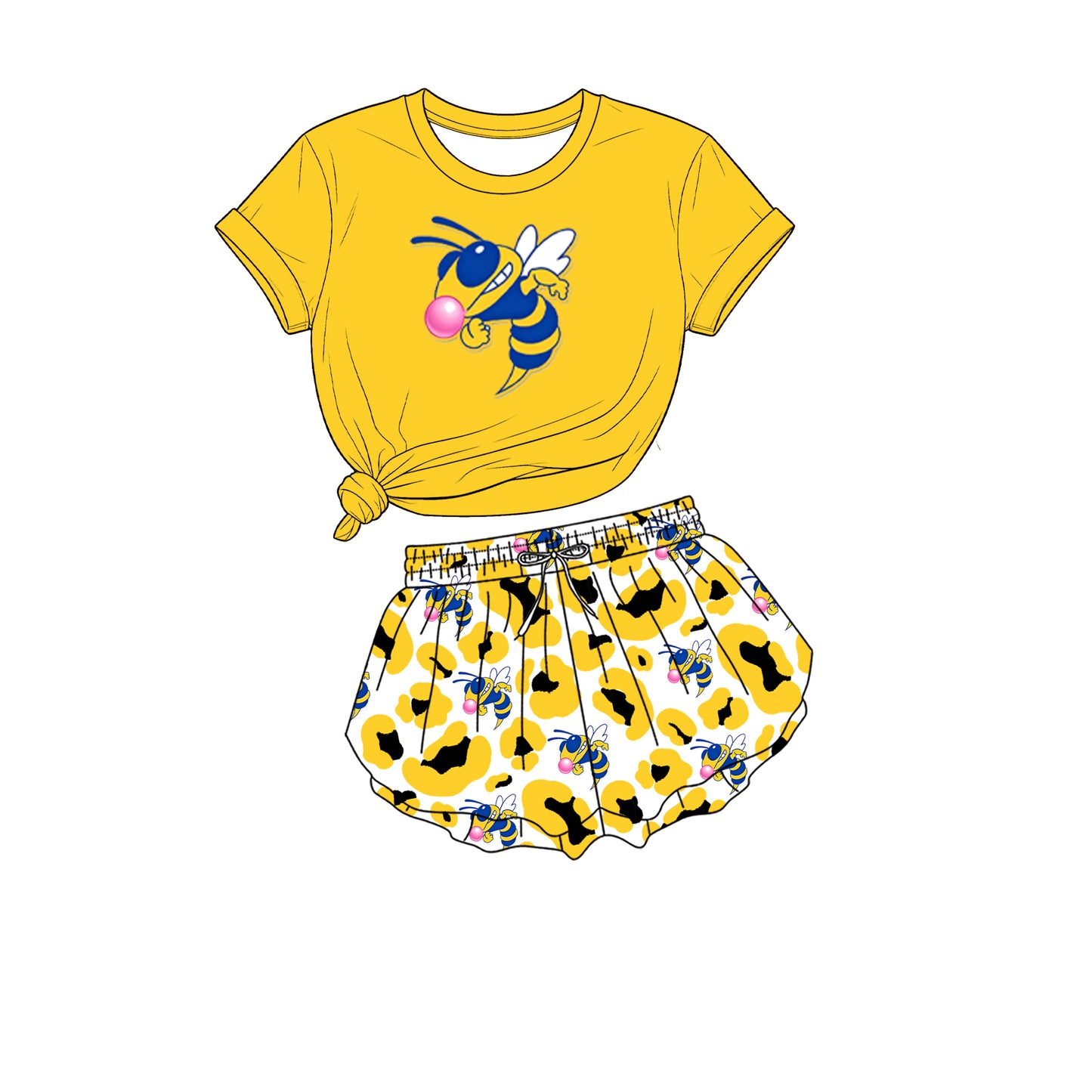 custom moq 5 mix size XY071708 Baby Girls Solid Color Short Sleeve Crew Neck Top Leopard Print Shorts Team Outfit Set