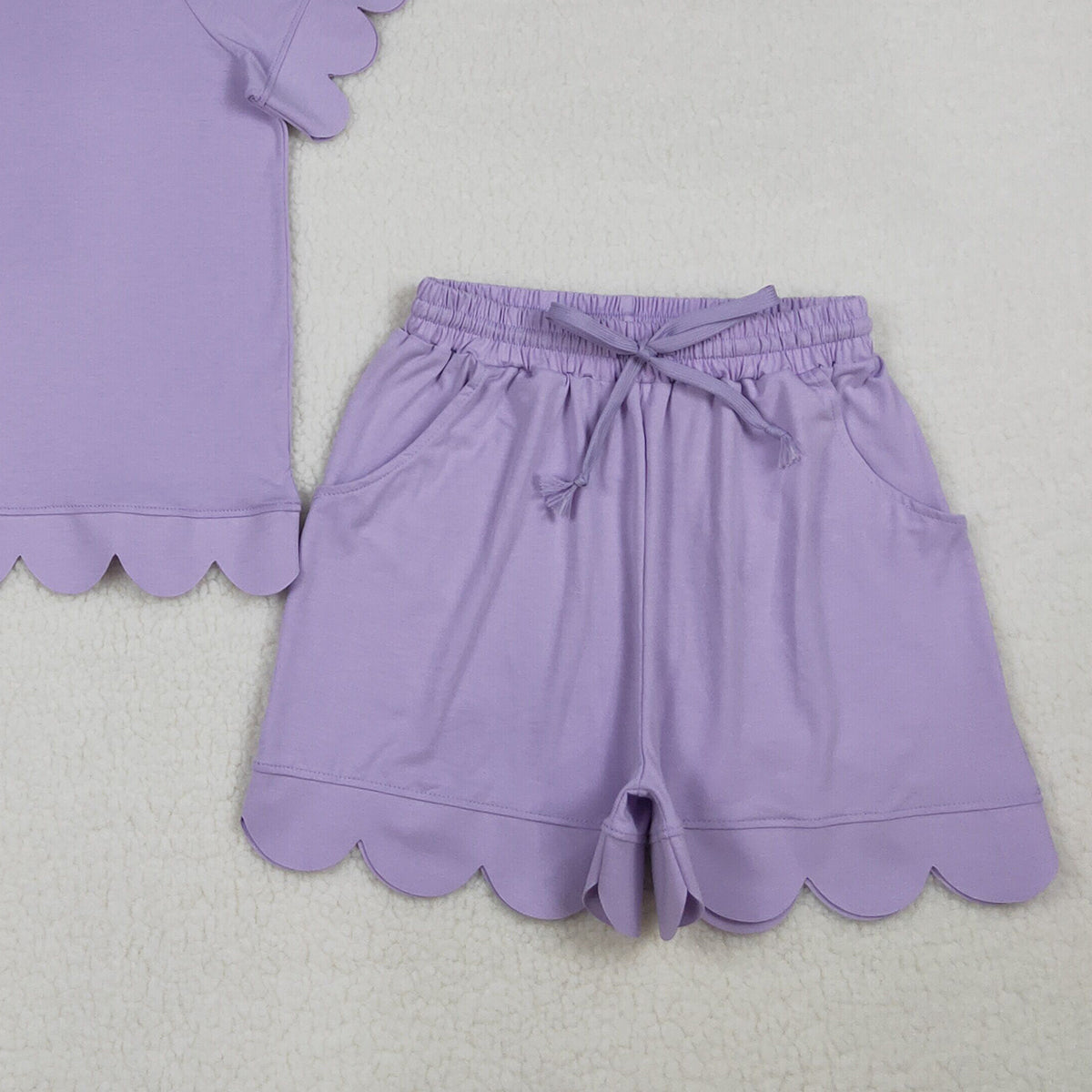 RTS NO MOQ GSSO3199 Adult Women's Lavender Short Sleeve Shirt with Pockets Short Scallop  Clothing Set