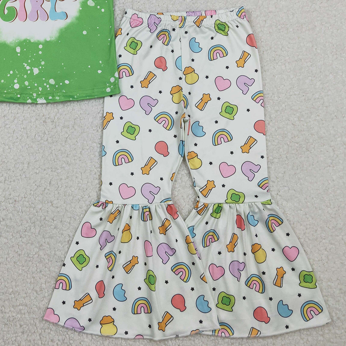 RTS NO MOQ GSPO2101  Baby Girl's St. Patrick's Day Outfit Set Lucky Clover Top with Bell Bottom Pants