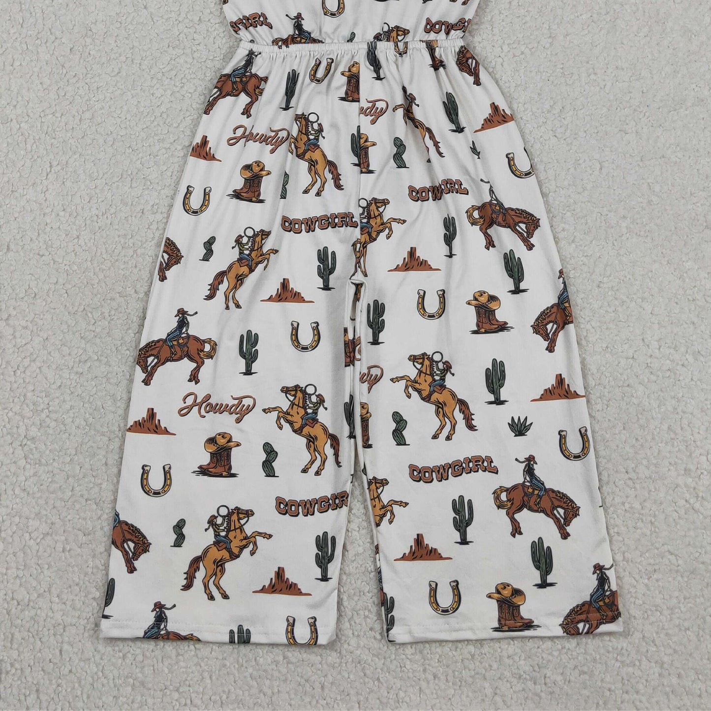 RTS NO MOQ SR2969 Baby Girls Summer Western Horse Rodeo Cactus Bow Jumpsuits