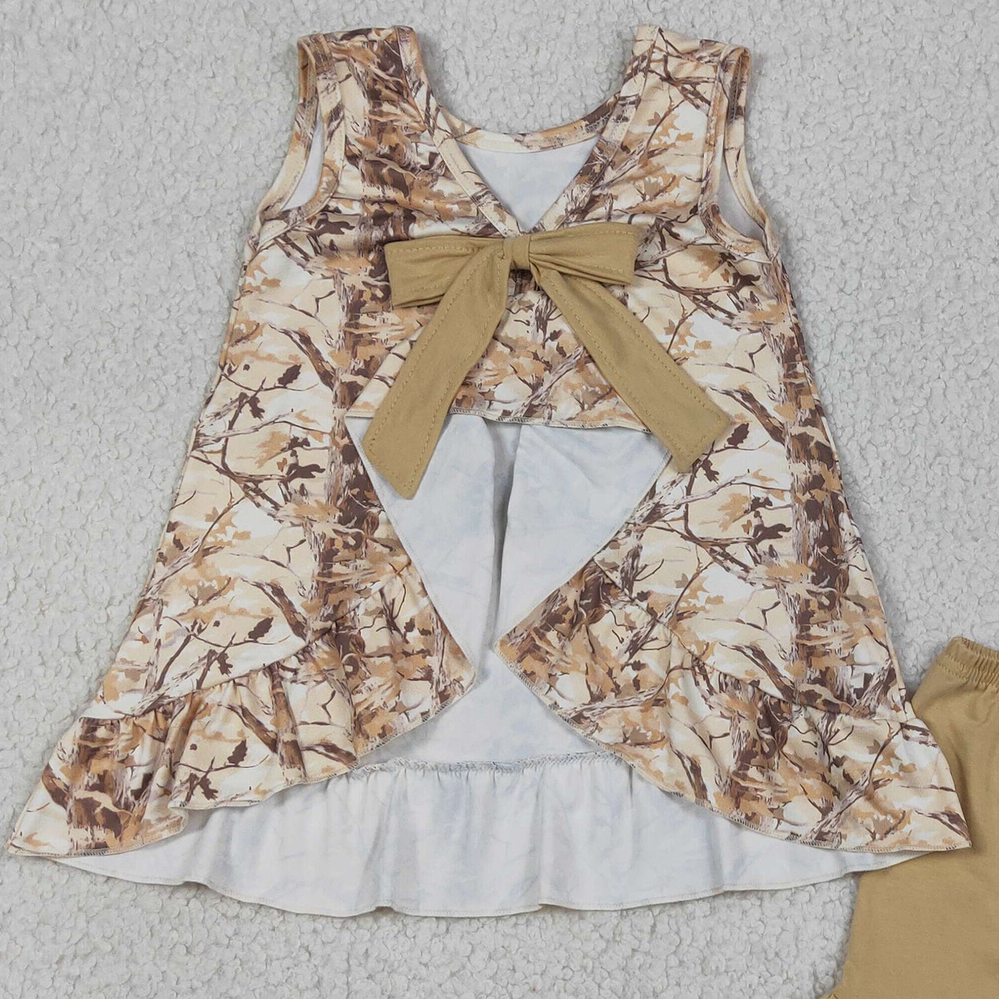 RTS NO MOQ milk silk GSSO3467 Baby Girls Sleeveless Leaves Camouflage Tunic Top with Ruffle Shorts Outfit Set