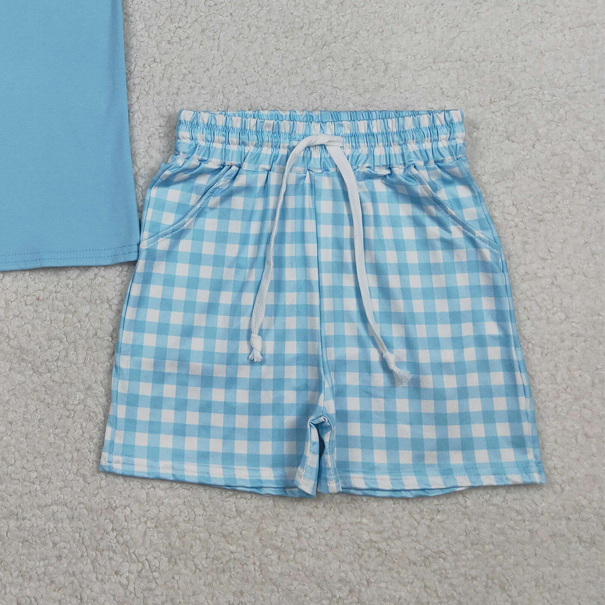 RTS NO MOQ BSSO1883  Baby Boys Blue Checked Shirt with Short Sleeves And Shorts with Pockets Clothing Set
