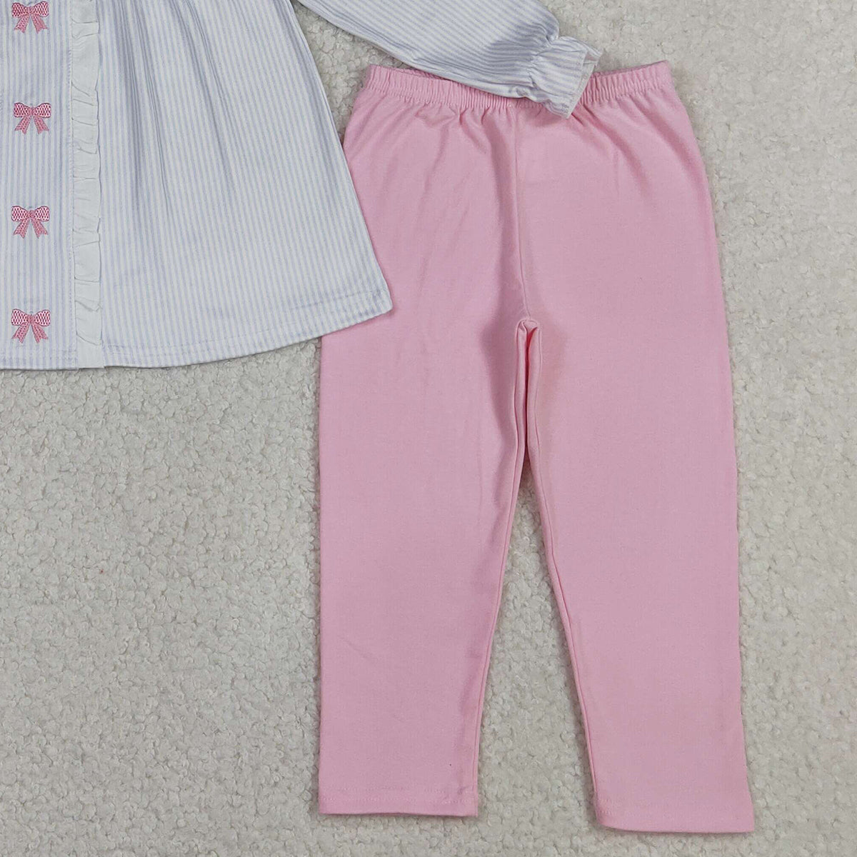 RTS NO MOQ GLP2909 Baby Girls Embroidery Bows Stripe Collar Tunic Leggings Outfit Set Cute Clothing for Infants