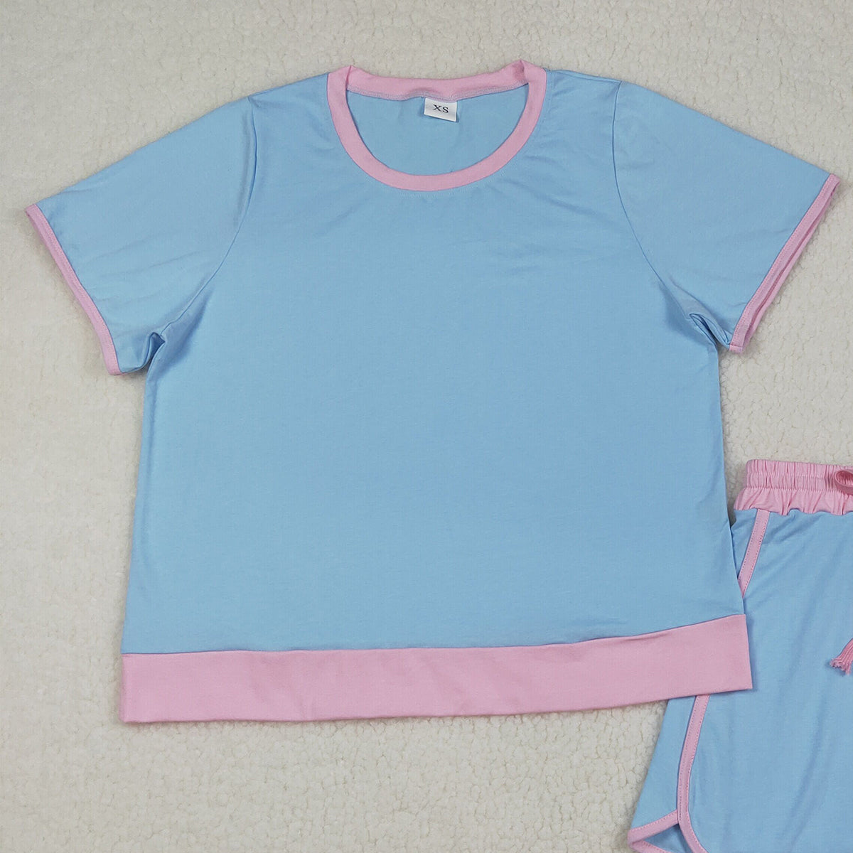 RTS NO MOQ GSD3674 Women's Blue Cotton Short Sleeve Top Skirt Shorts Set
