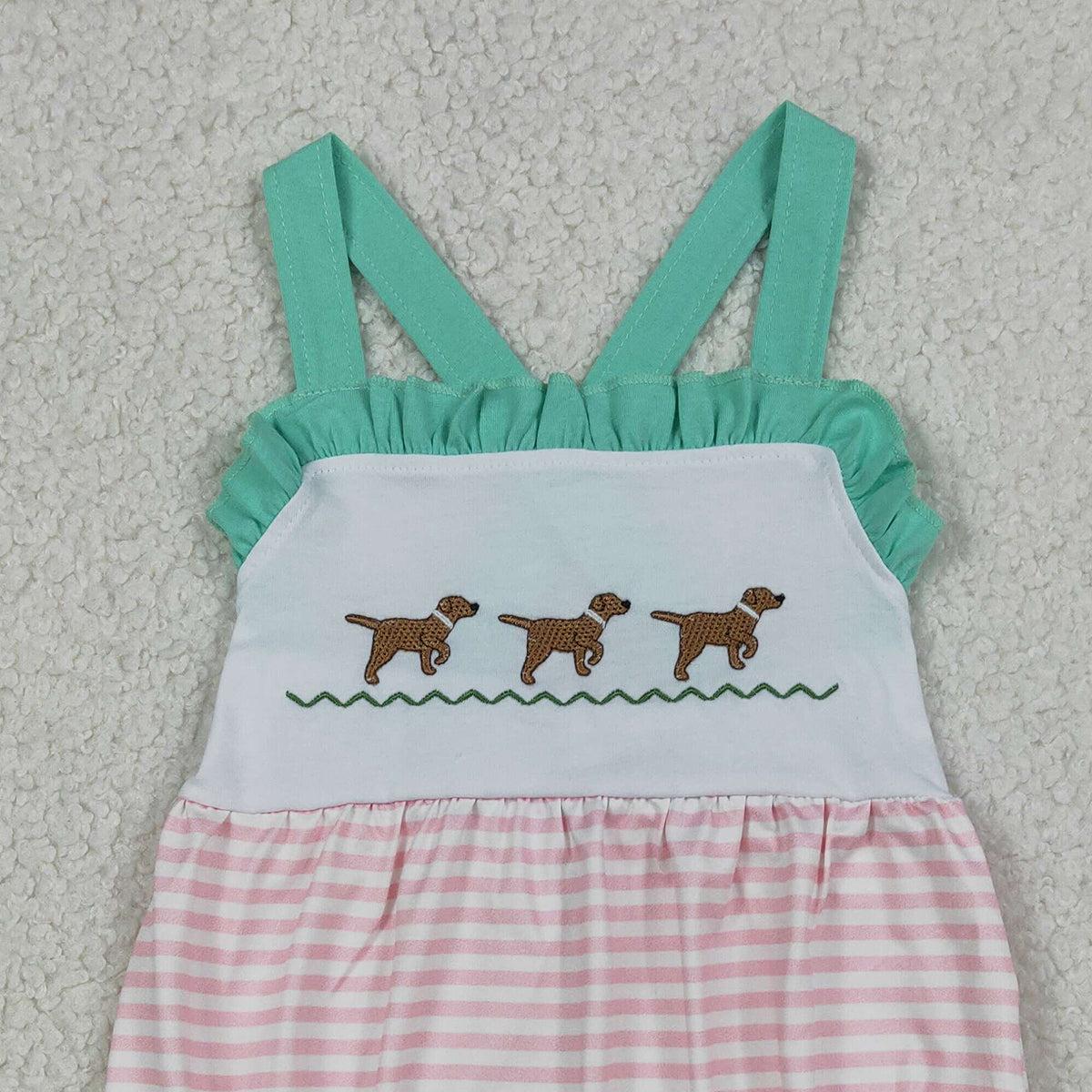 RTS NO MOQ SR3558 Baby Girls Pink Stripe Hunting Rompers with Embroidery Dogs Strap Cute Baby Rompers