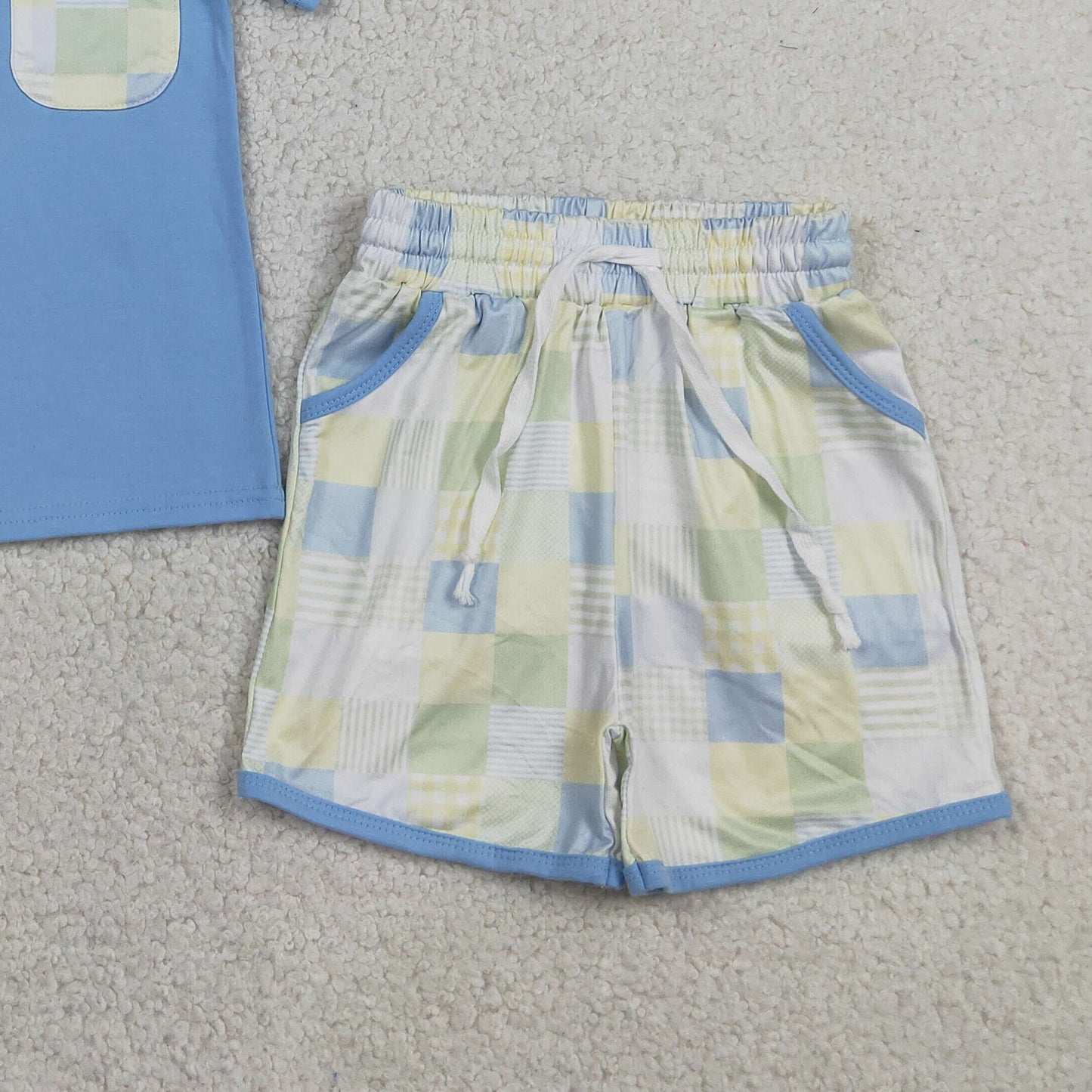 RTS NO MOQ milk silk BSSO1950 Baby Boys Casual Light Blue Checked Short Sleeve Shirt With Pockets Shorts Outfit