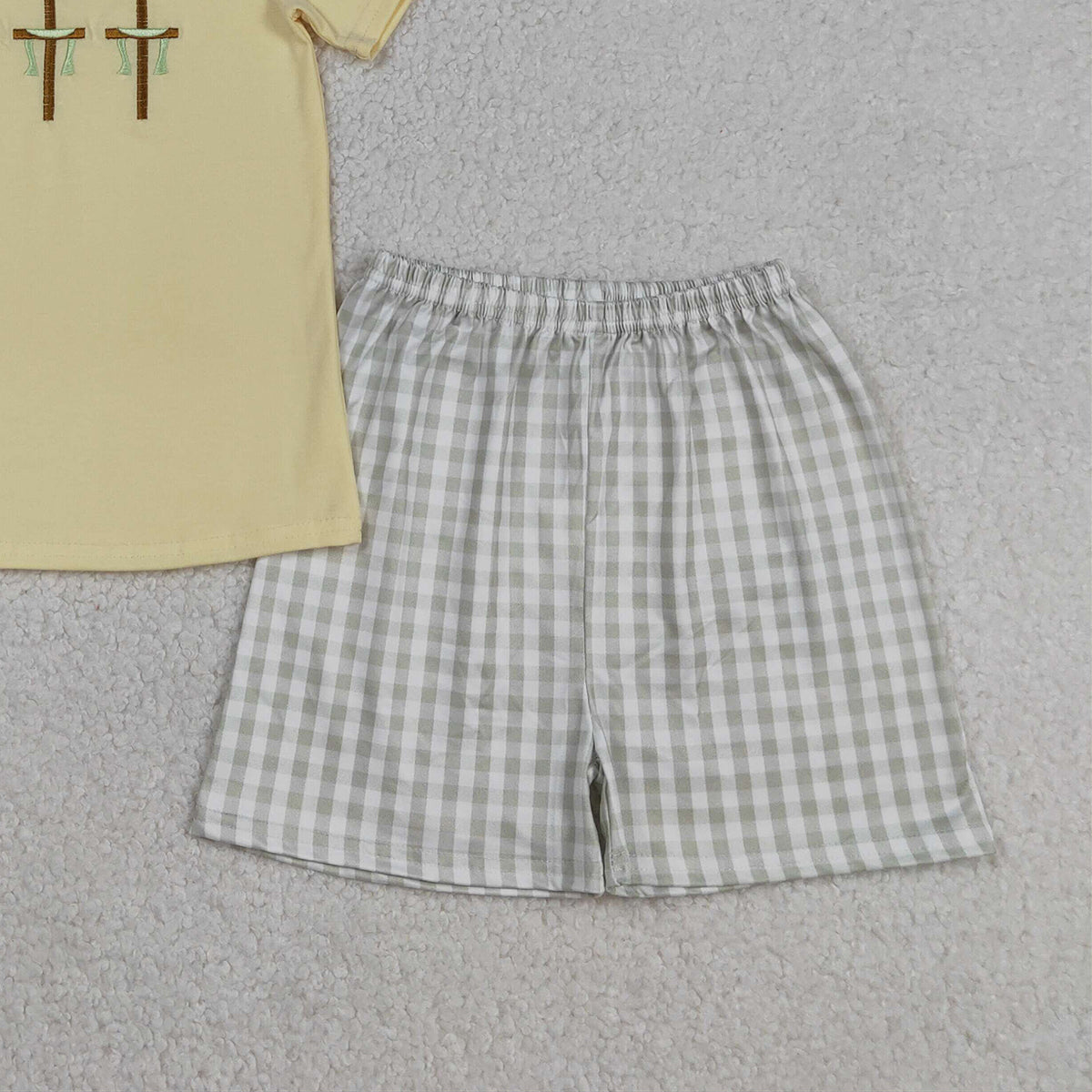 RTS NO MOQ BSSO1717 Embroidery Baby Boys Easter Outfit Crosses Top with Checked Shorts Cute Clothing