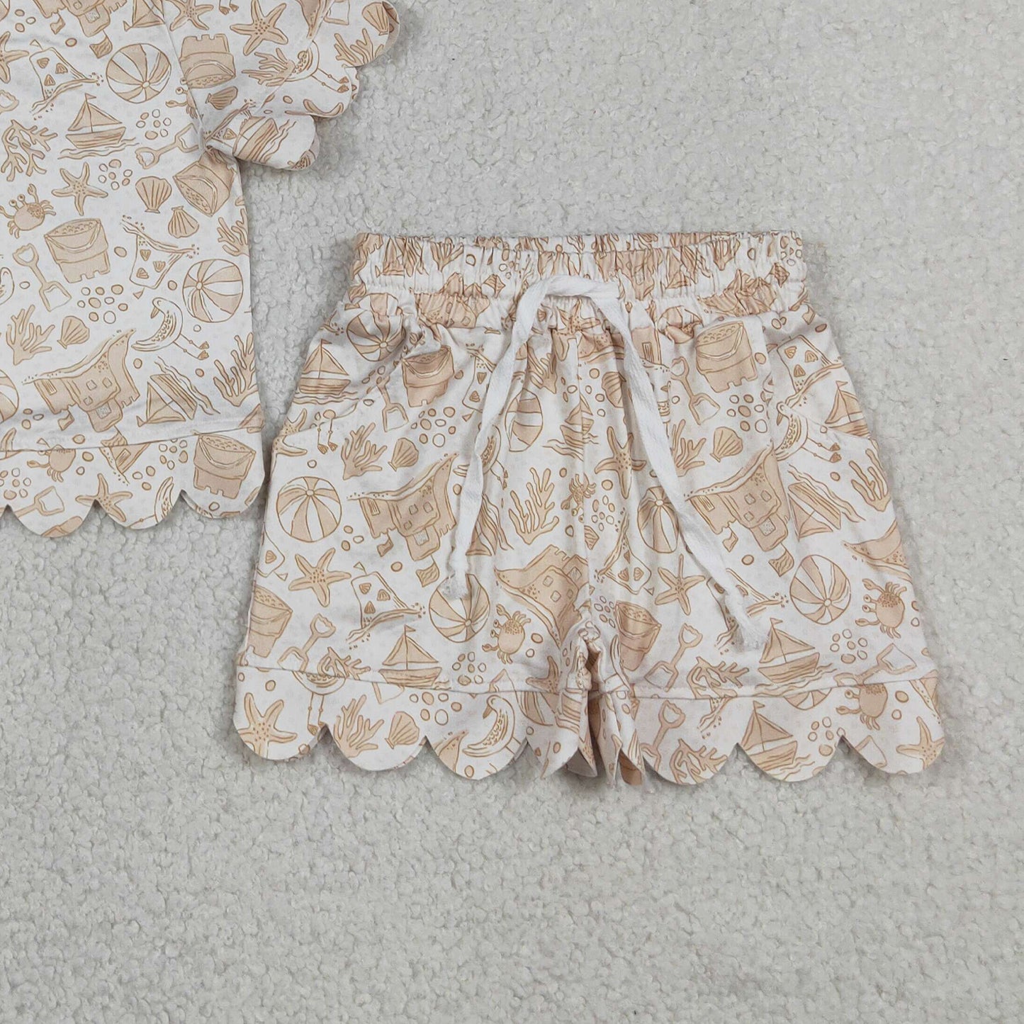 RTS NO MOQ milk silk GSSO3728 Baby Girls Cute Ocean Starfish Printed Top And Scallop Shorts Casual Clothes Set