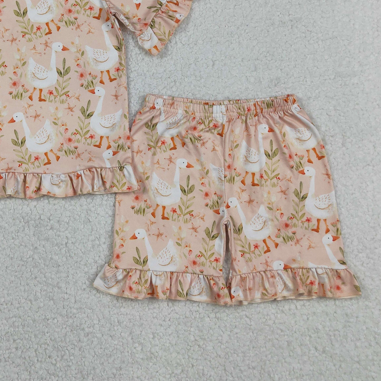 RTS NO MOQ GSSO3329 Baby Girls Cute  Flowers Goose Top Ruffle Shorts Pajamas Set
