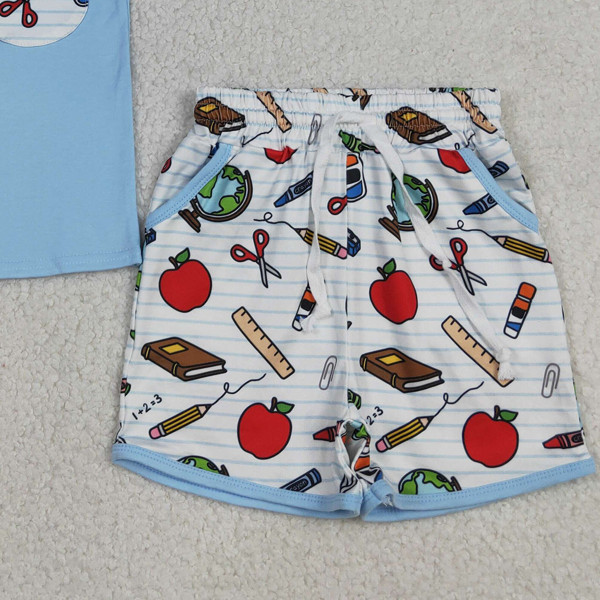 RTS NO MOQ BSSO1921 Baby Boys Back to School Clothes Set with Apples Pencils Top And Shorts