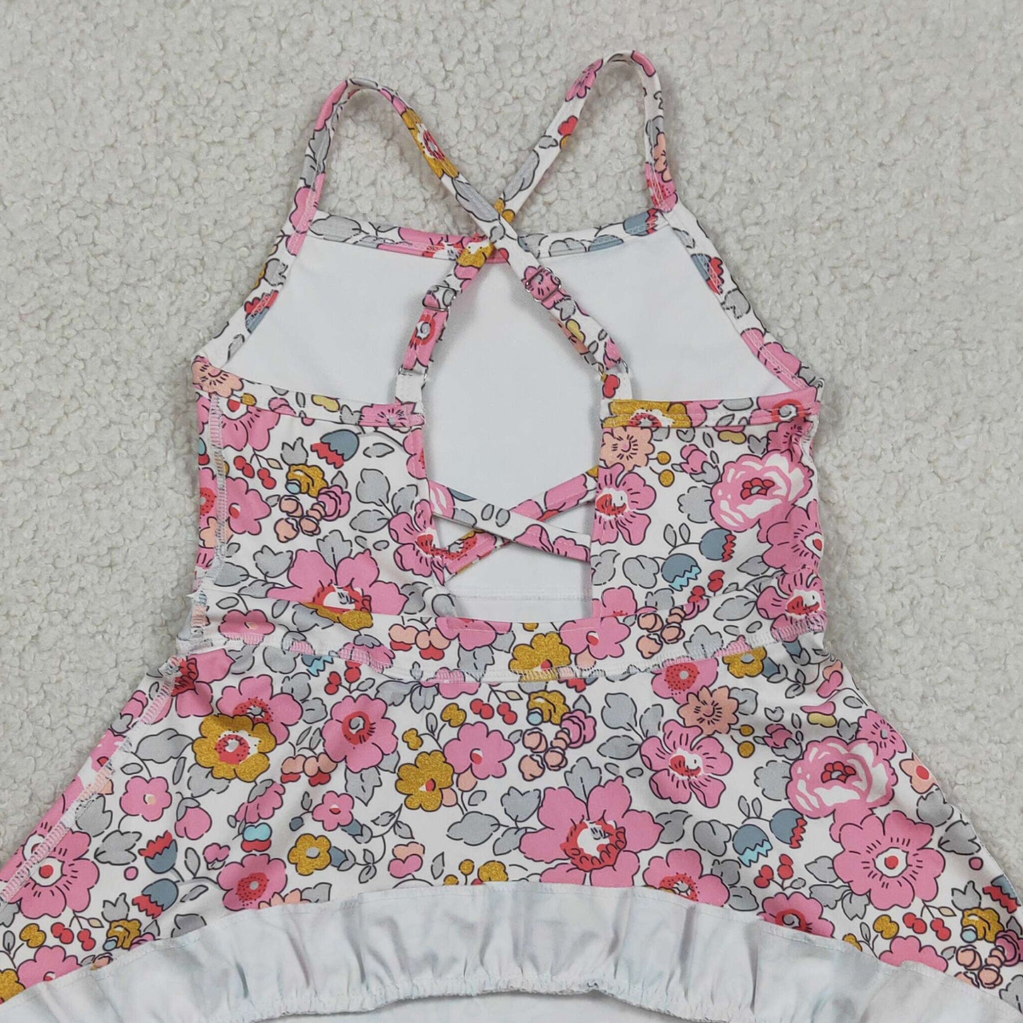 RTS NO MOQ yoga fabric GSD2278 Baby Girls Pink Strap Colorful Floral  Active Ruffle Knee Length Dresses