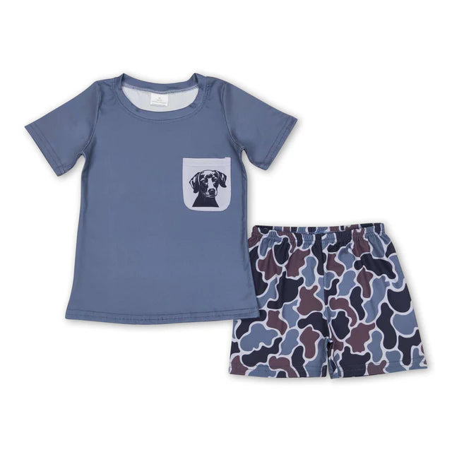 RTS NO MOQ Sibling Baby Boys Camo Deer Pocket Shirt Shorts Clothes Sets