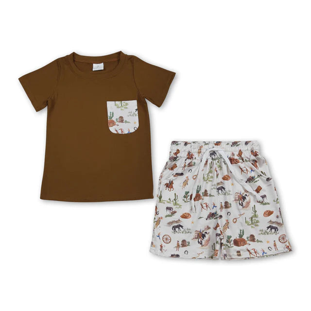 RTS NO MOQ Sibling Baby Boys Horse Rodeos Top Pockets Short Western Clothes Set Rompers